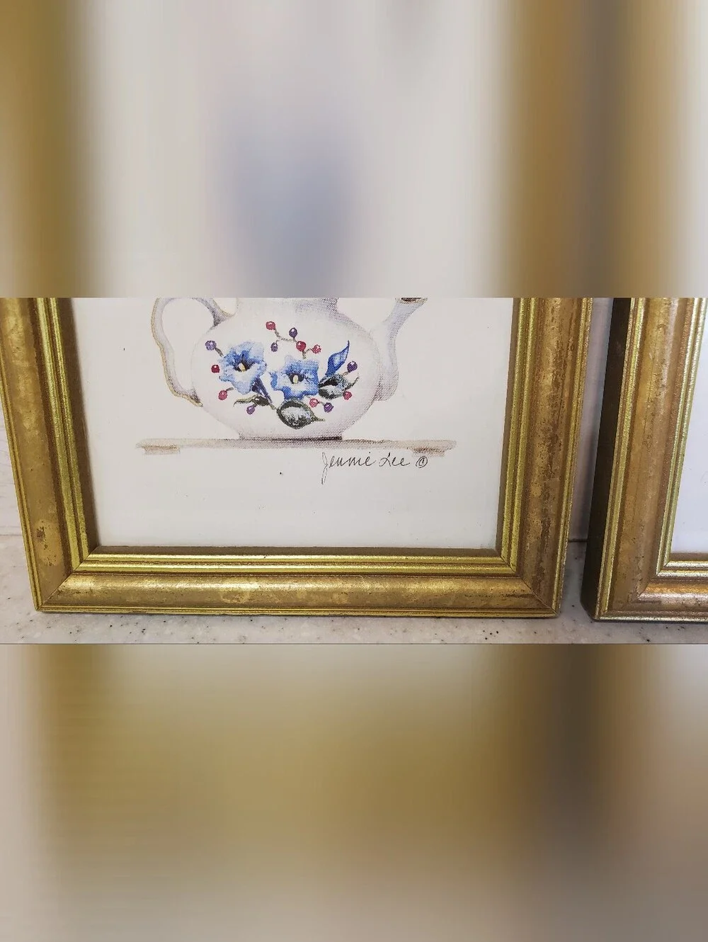 2 Jennie Lee Framed Teapot & Teacup Prints Gold Frames Cottagecore Grandmacore